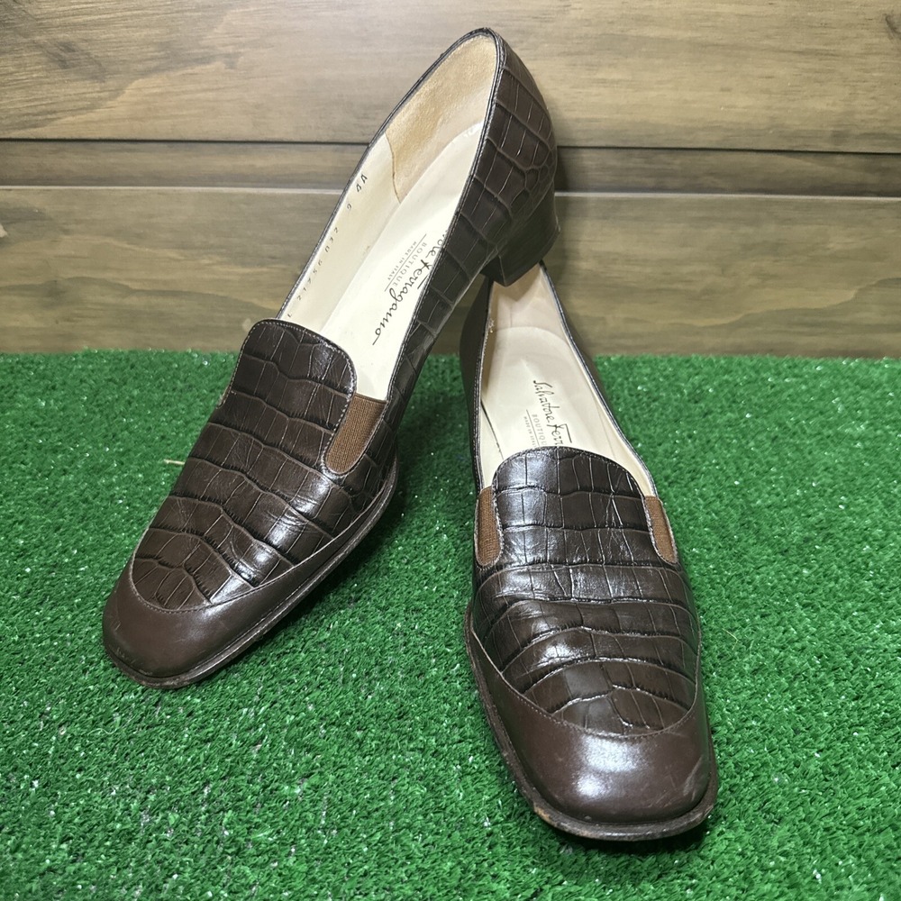 Salvatore Ferragamo Women's Embossed‎ Leather Block Pumps Brown 9 4A
